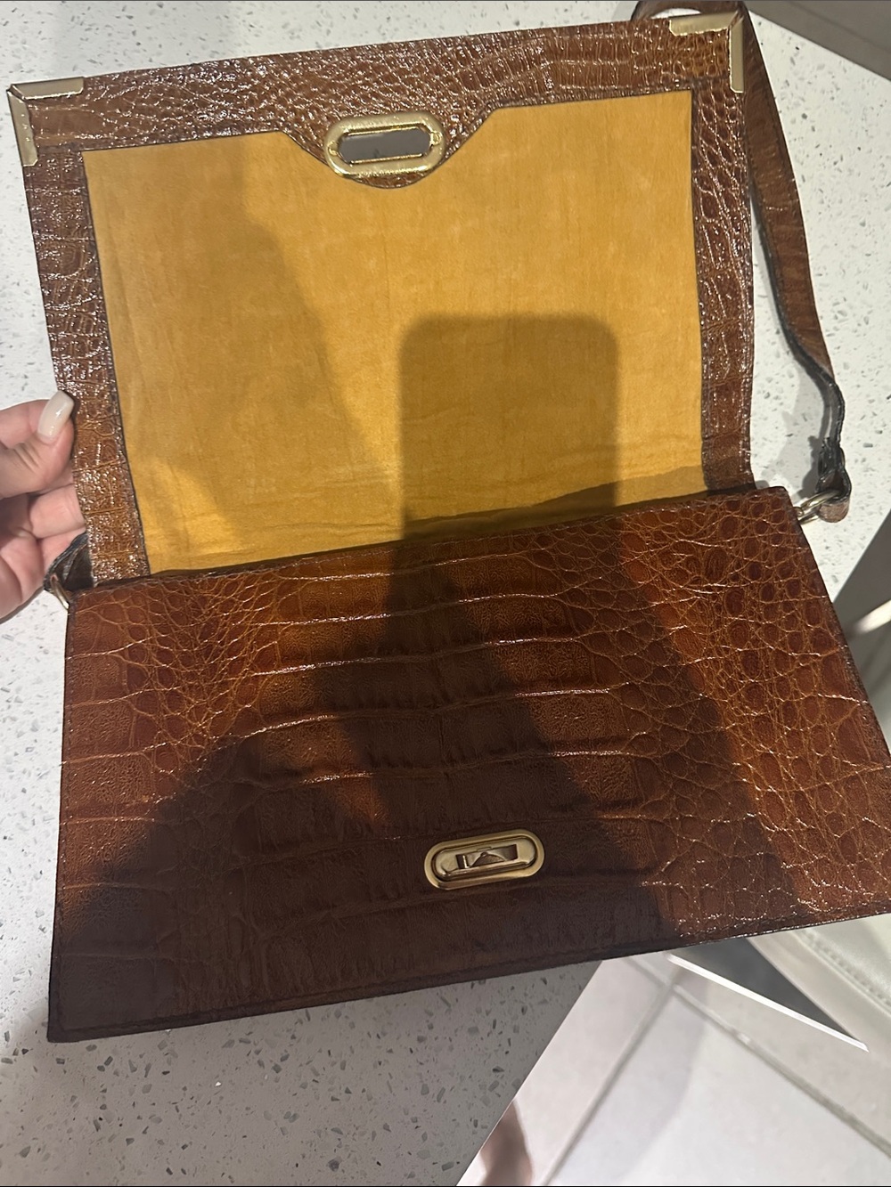 Brown Croc-Texture Leather Crossbody Bag with Gold Hardware - Picture 3 of 5